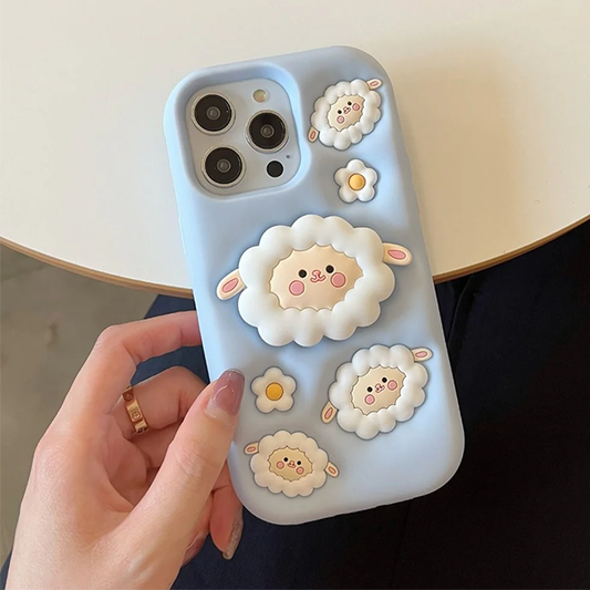Qimberly 3D Cute Flock of Sheep Cute iPhone Popsocket Case For Girls (Sky Blue)