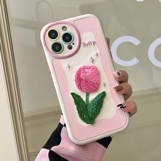 Qimberly 3D Floral Embroidery Camera Protection Aesthetic Cute iPhone Case For Girls (Pink)