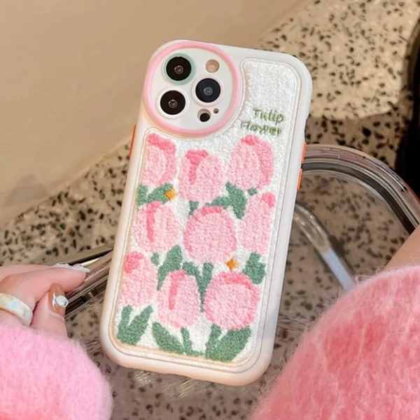 Qimberly 3D Pink Flowers Embroidery Aesthetic Cute iPhone Case For Girls (Pink)