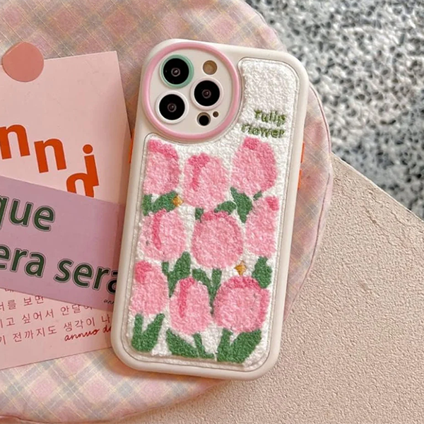 Qimberly 3D Pink Flowers Embroidery Aesthetic Cute iPhone Case For Girls (Pink)