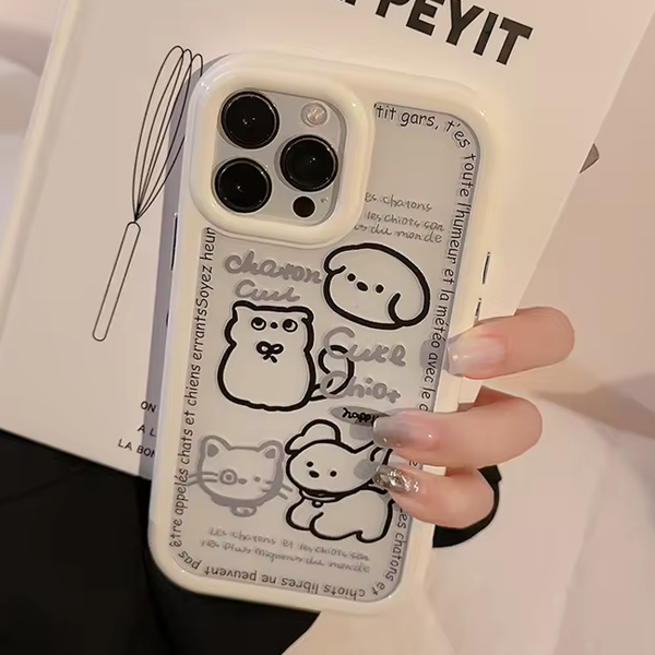 Qimberly Cat & Dog Hand Drawn Cartoon Cute iPhone Case with Pearl Bracelet Chain