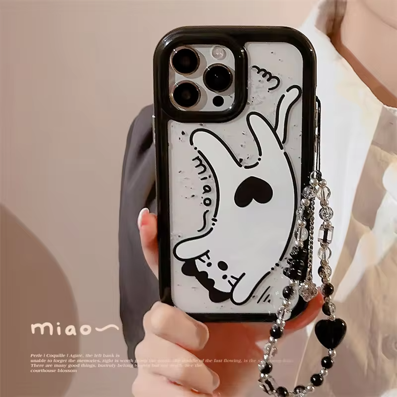 Qimberly Cute Inverted Cat Graffiti Cute iPhone Case with Pearl Bracelet Chain