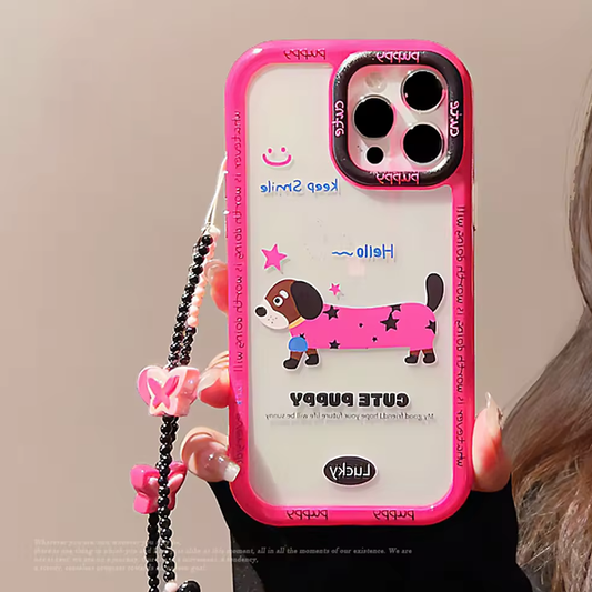 Qimberly Cute Sausage Dog Cute iPhone Case with Bracelet Chain (Pink)