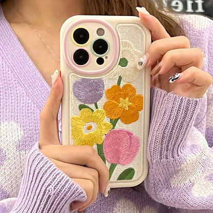 Qimberly Elegant Embroidery Tulip Flowers Aesthetic iPhone Case 