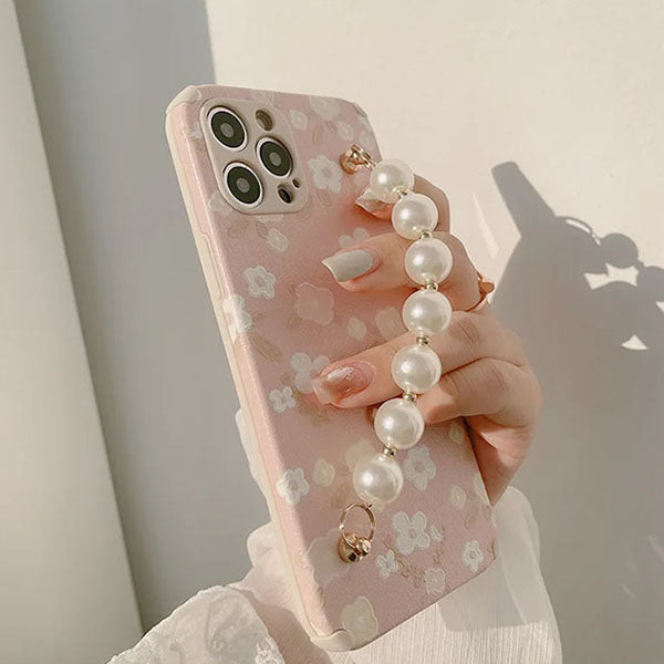 Qimberly Elegant Floral Pink Cute iPhone Case with Pearl Bracelet