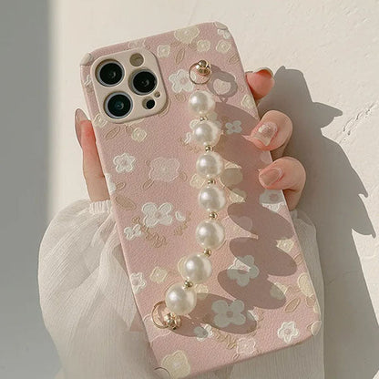 Qimberly Elegant Floral Pink Cute iPhone Case with Pearl Bracelet