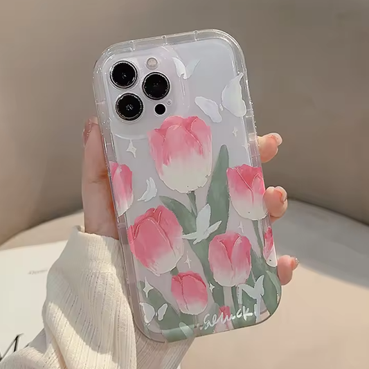 Qimberly Floral Tulip Pink Transparent iPhone Case For Girls
