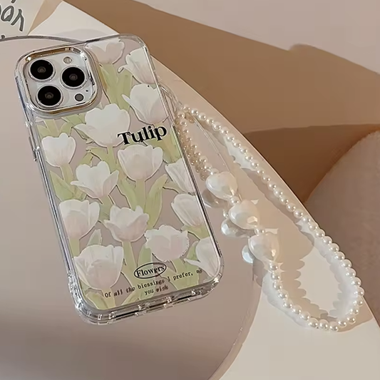 Floral White Flowers Camera Protection iPhone 12 Pro Case with Pearl Bracelet