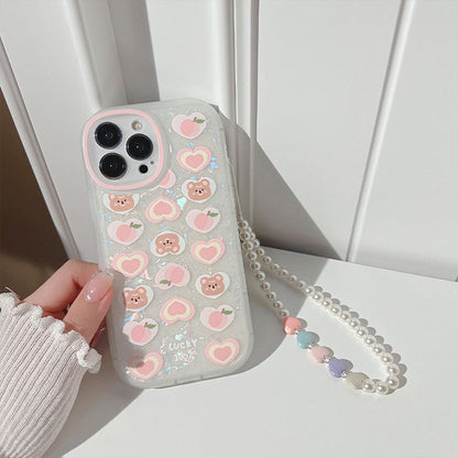 Qimberly Happy Bears Heart iPhone Case with Pearl Bracelet Chain