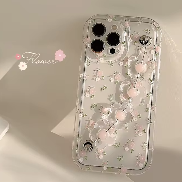 Qimberly Pink Floral Camera Protection Transparent iPhone Case with Pearl Bracelet