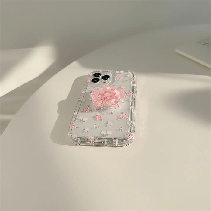 Qimberly Pink Flower Cute iPhone Popsocket Case For Girls - Transparent