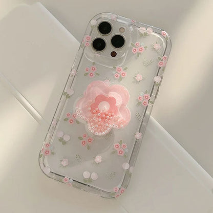 Qimberly Pink Flower Cute iPhone Popsocket Case For Girls - Transparent