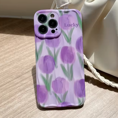 Qimberly Purple Tulip Green Leaf Aesthetic iPhone Case For Girls