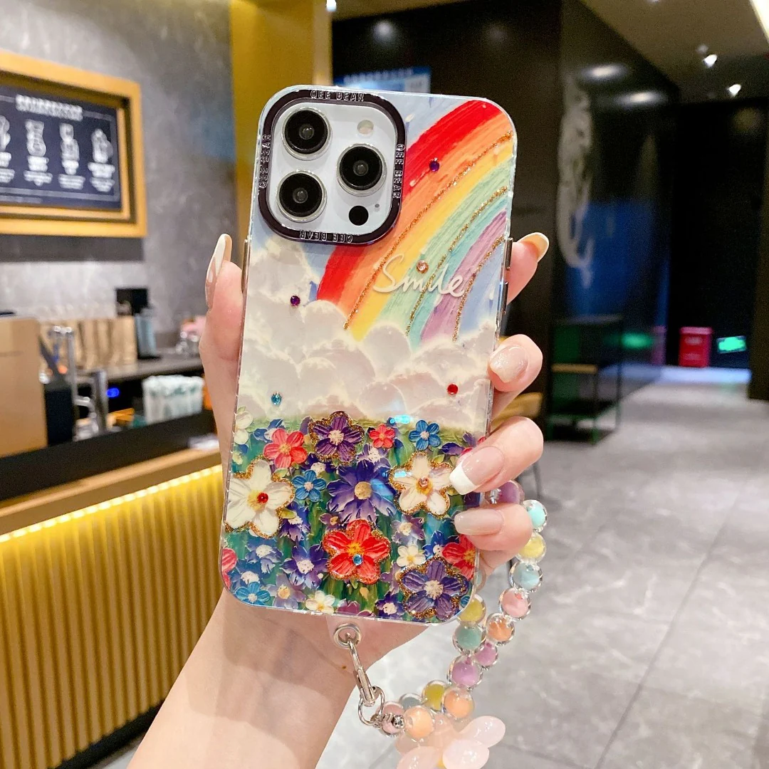 Qimberly Retro Rainbow Flower Glitter Aesthetic iPhone Case For Girls (Rainbow)