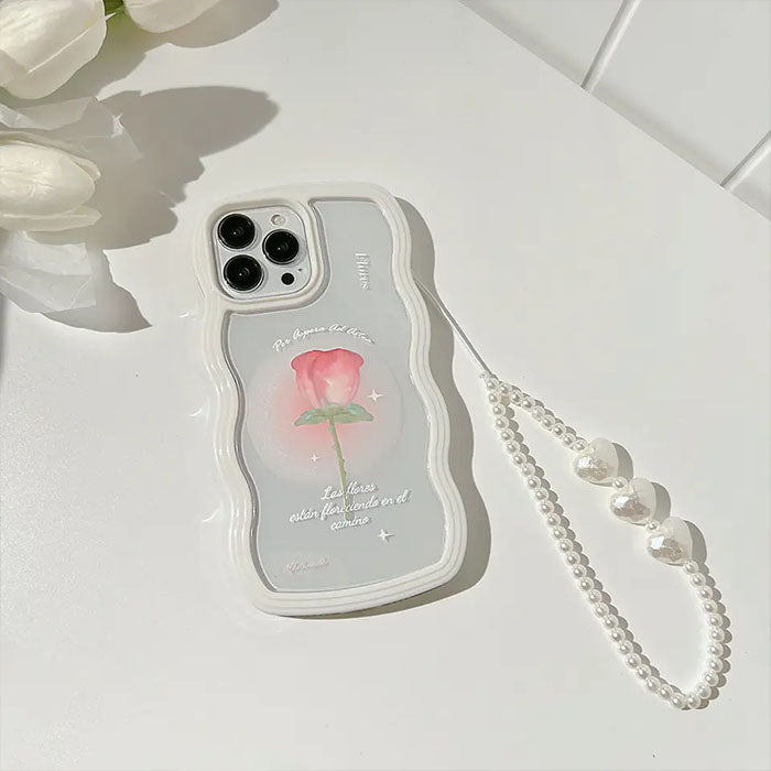 Qimberly Rose Flower Aesthetic iPhone Case with Pearl Bracelet