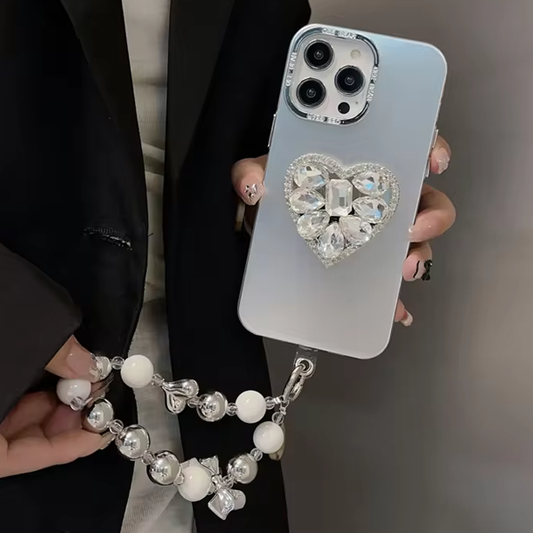 Silver Diamond Heart Luxuriours iPhone 12 Pro Case with Pearl Bracelet