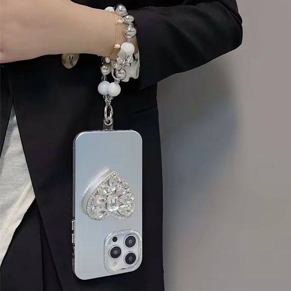 Silver Diamond Heart Luxurious iPhone Case with Pearl Bracelet Chain (Silver)