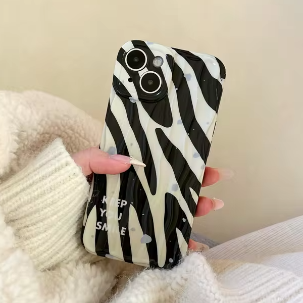 Wave Zebra Pattern Glossy Camera Protection iPhone 15 Pro Case