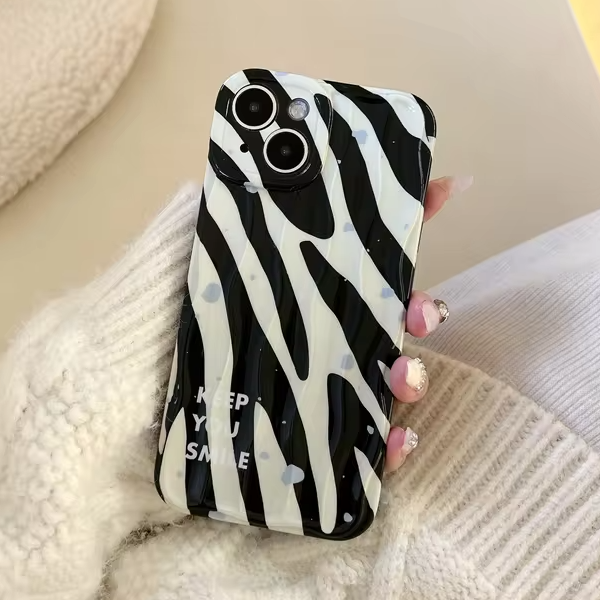 Wave Zebra Pattern Glossy Camera Protection iPhone 15 Pro Case