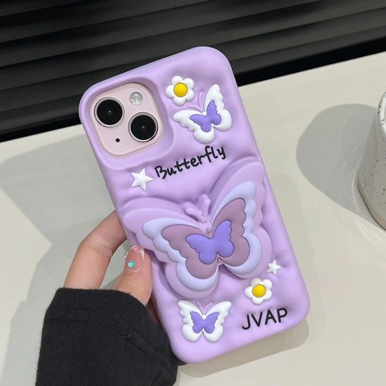 Qimberly Cute 3D Butterfly Purple Cute iPhone Popsocket Case For Girls